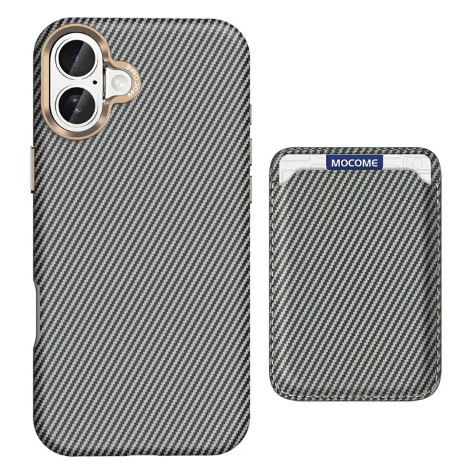 Coque iPhone 16 Plus texture carbone magnétique avec porte-cartes détachable