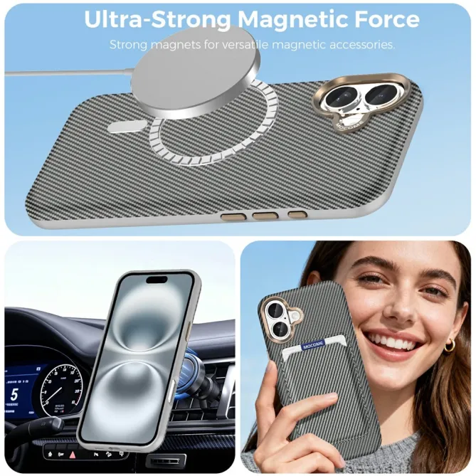 Coque iPhone 16 Plus texture carbone magnétique avec porte-cartes détachable