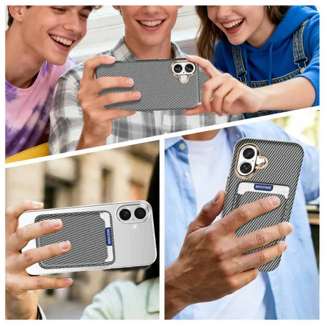 Coque iPhone 16 Plus texture carbone magnétique avec porte-cartes détachable