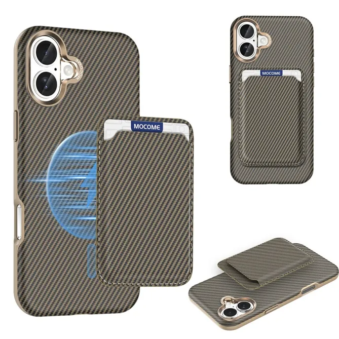 Coque iPhone 16 Plus texture carbone magnétique avec porte-cartes détachable