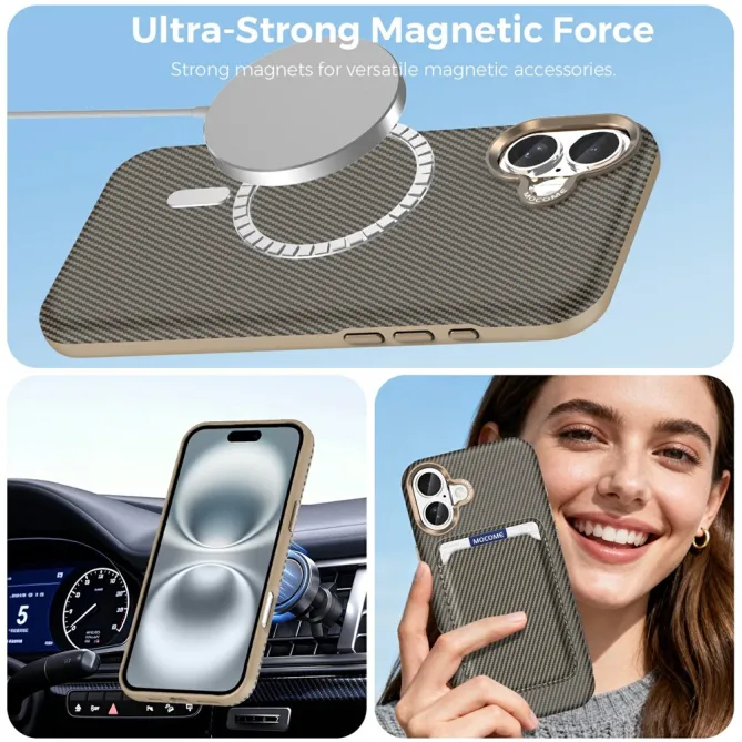Coque iPhone 16 Plus texture carbone magnétique avec porte-cartes détachable