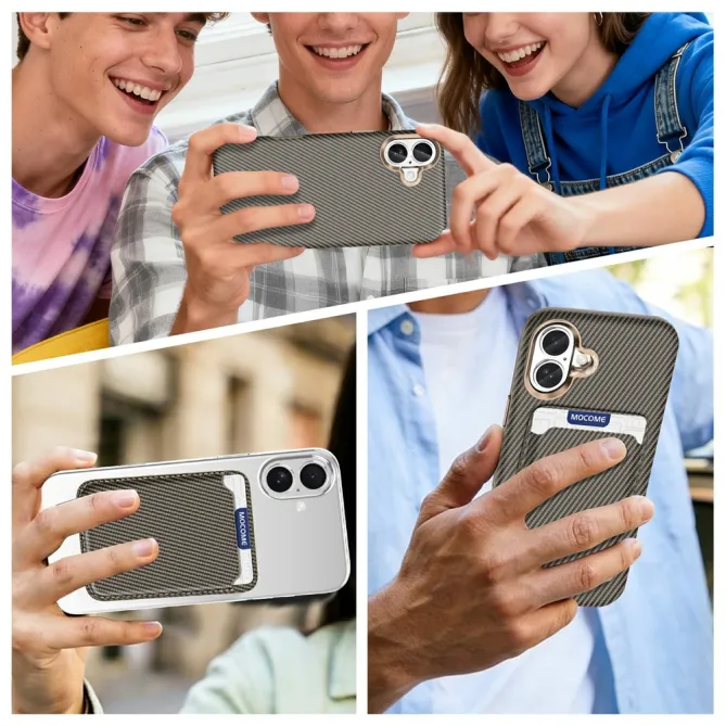 Coque iPhone 16 Plus texture carbone magnétique avec porte-cartes détachable