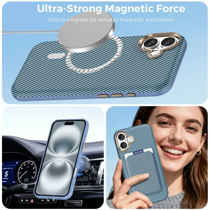 Coque iPhone 16 Plus texture carbone magnétique avec porte-cartes détachable