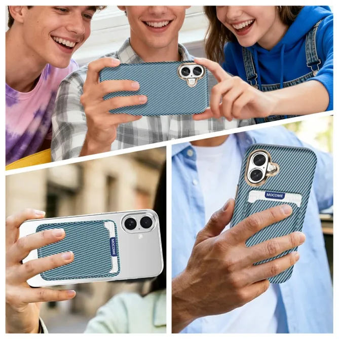 Coque iPhone 16 Plus texture carbone magnétique avec porte-cartes détachable
