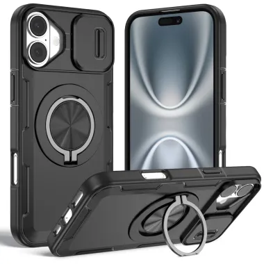 Coque iPhone 16 Plus cache caméra coulissant anneau rotatif 360 magnétique