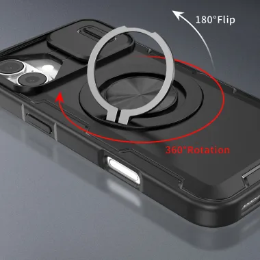 Coque iPhone 16 Plus cache caméra coulissant anneau rotatif 360 magnétique