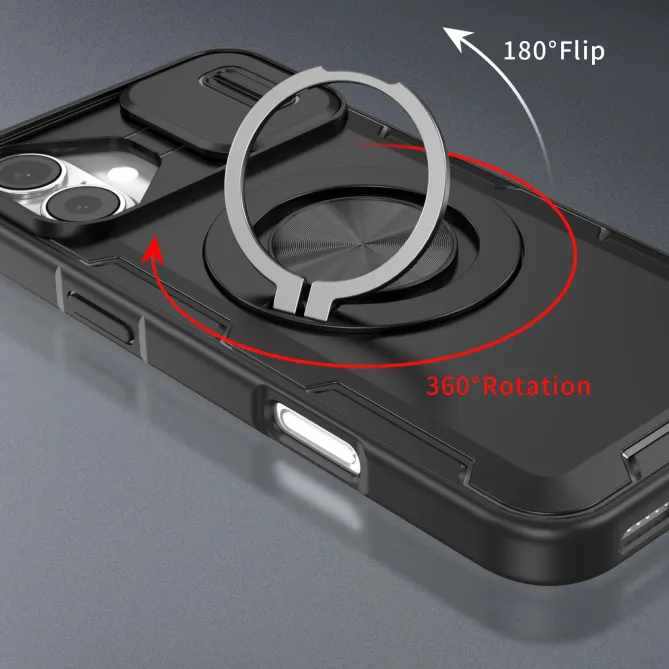 Coque iPhone 16 Plus cache caméra coulissant anneau rotatif 360 magnétique