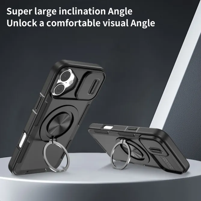 Coque iPhone 16 Plus cache caméra coulissant anneau rotatif 360 magnétique