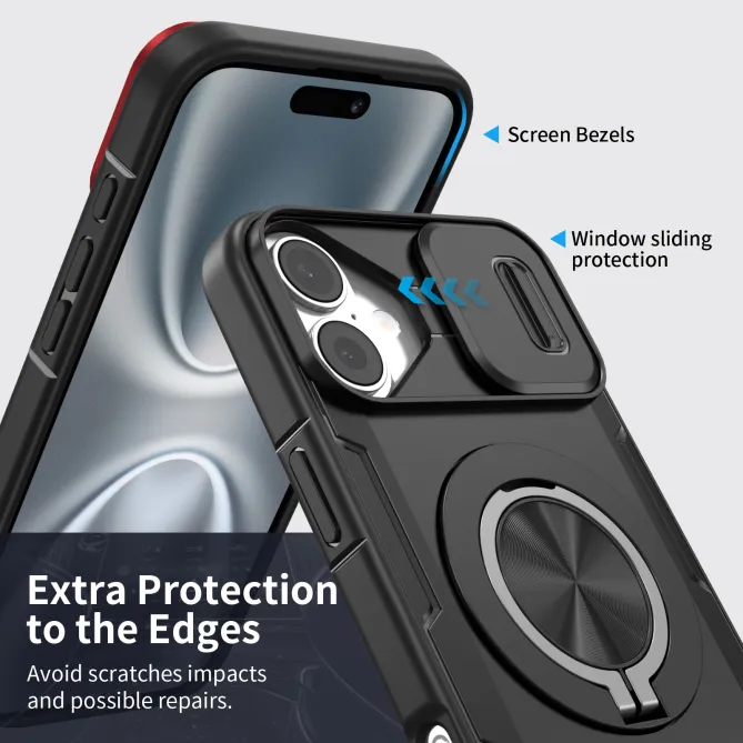 Coque iPhone 16 Plus cache caméra coulissant anneau rotatif 360 magnétique