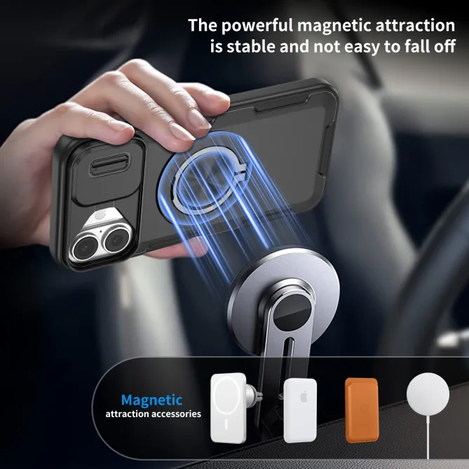 Coque iPhone 16 Plus cache caméra coulissant anneau rotatif 360 magnétique