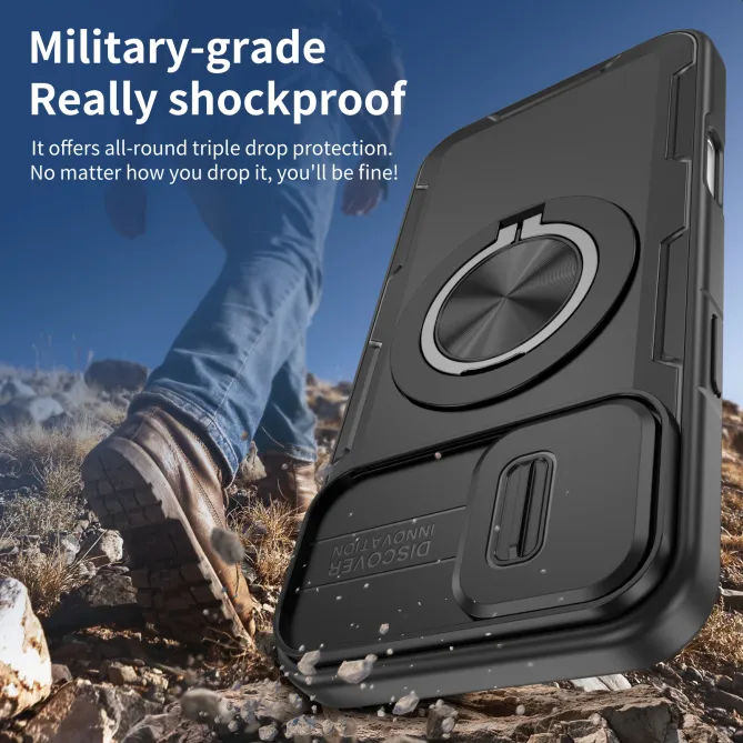 Coque iPhone 16 Plus cache caméra coulissant anneau rotatif 360 magnétique