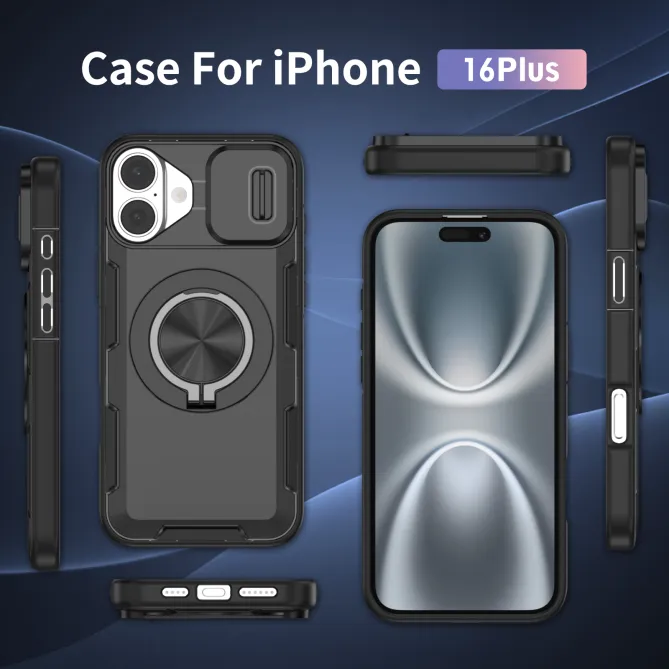Coque iPhone 16 Plus cache caméra coulissant anneau rotatif 360 magnétique
