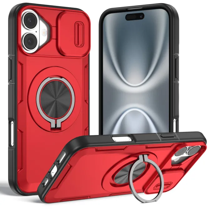 Coque iPhone 16 Plus cache caméra coulissant anneau rotatif 360 magnétique