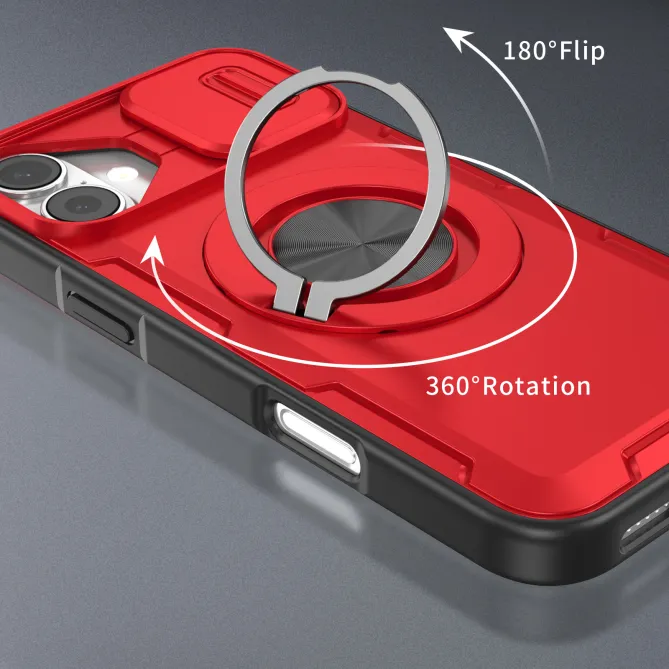 Coque iPhone 16 Plus cache caméra coulissant anneau rotatif 360 magnétique