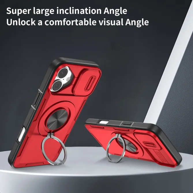 Coque iPhone 16 Plus cache caméra coulissant anneau rotatif 360 magnétique