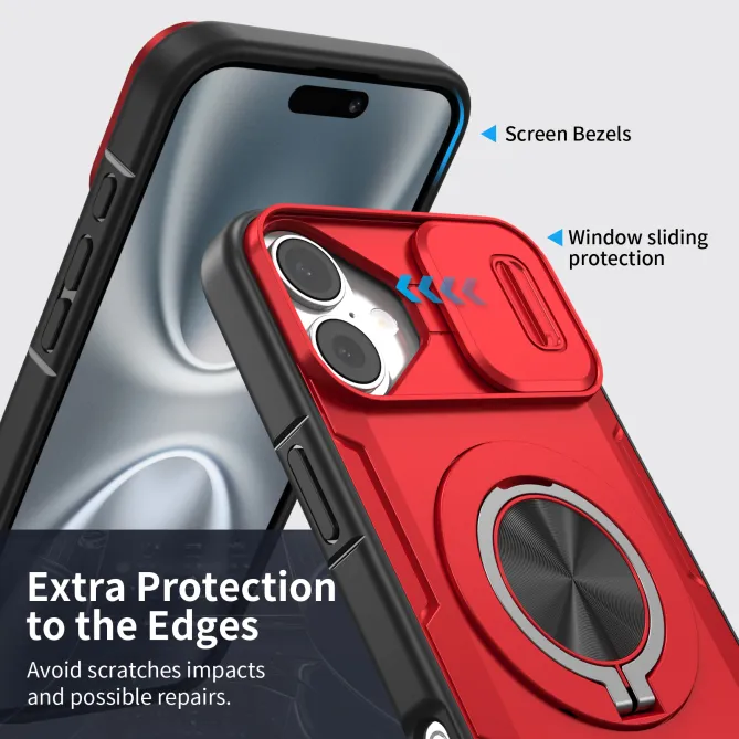 Coque iPhone 16 Plus cache caméra coulissant anneau rotatif 360 magnétique