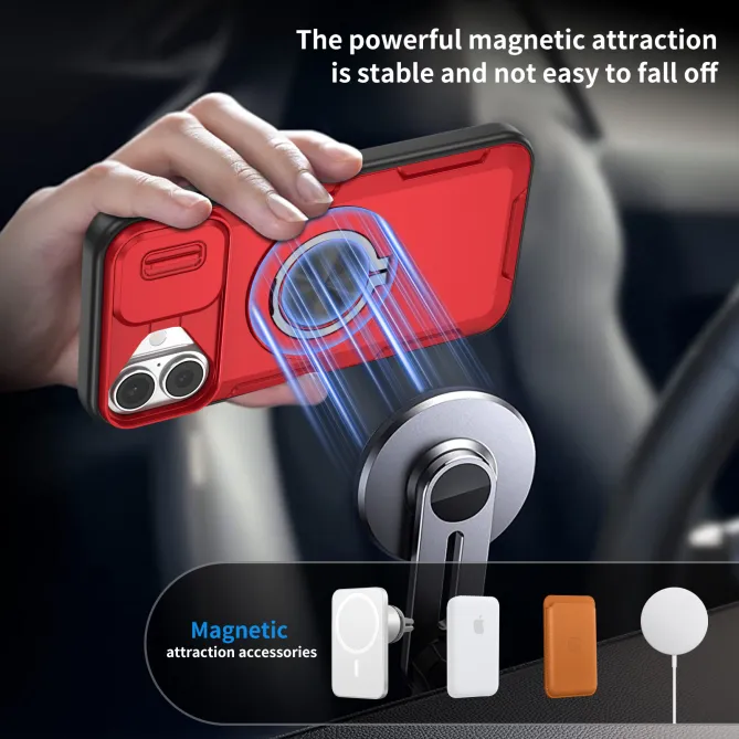 Coque iPhone 16 Plus cache caméra coulissant anneau rotatif 360 magnétique