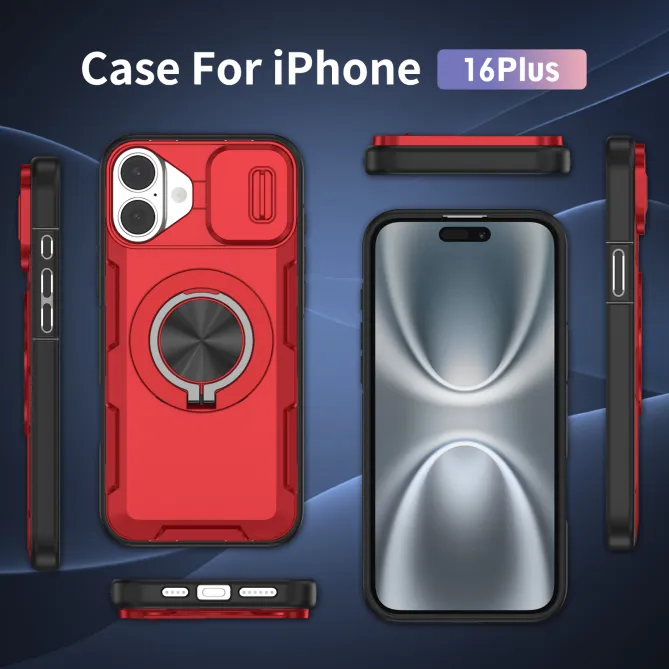 Coque iPhone 16 Plus cache caméra coulissant anneau rotatif 360 magnétique