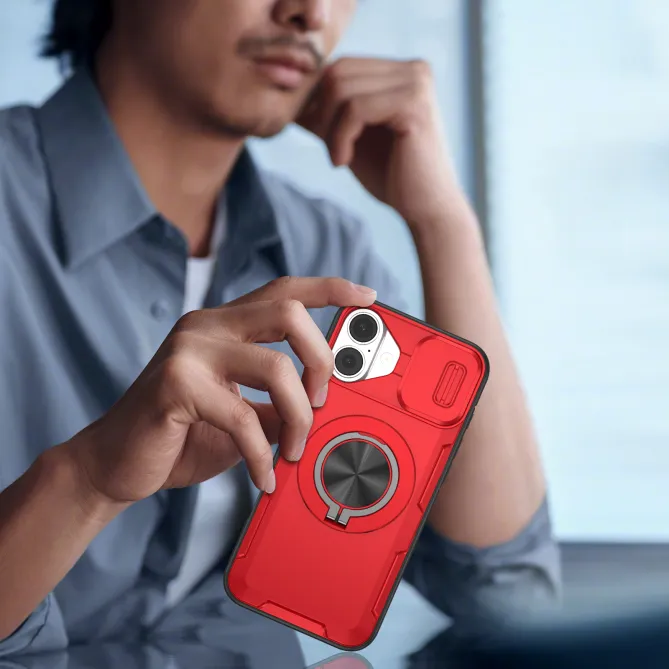 Coque iPhone 16 Plus cache caméra coulissant anneau rotatif 360 magnétique
