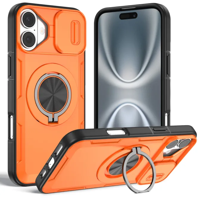Coque iPhone 16 Plus cache caméra coulissant anneau rotatif 360 magnétique