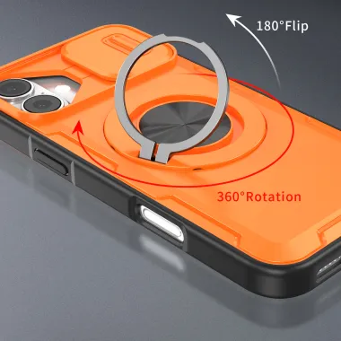 Coque iPhone 16 Plus cache caméra coulissant anneau rotatif 360 magnétique Orange - photo 18