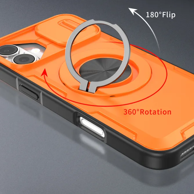 Coque iPhone 16 Plus cache caméra coulissant anneau rotatif 360 magnétique