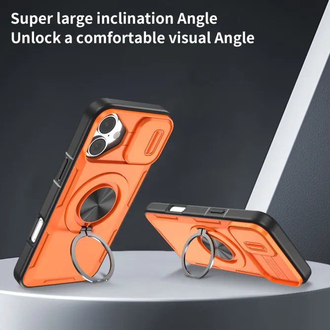 Coque iPhone 16 Plus cache caméra coulissant anneau rotatif 360 magnétique