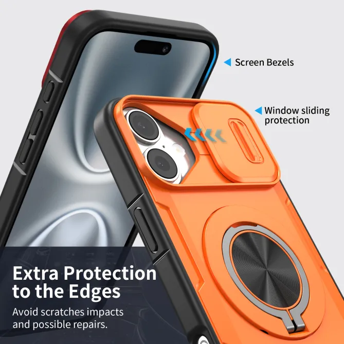 Coque iPhone 16 Plus cache caméra coulissant anneau rotatif 360 magnétique