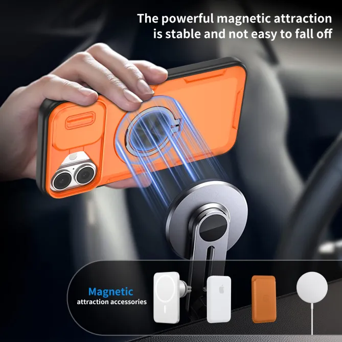 Coque iPhone 16 Plus cache caméra coulissant anneau rotatif 360 magnétique
