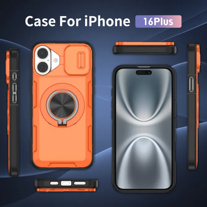 Coque iPhone 16 Plus cache caméra coulissant anneau rotatif 360 magnétique