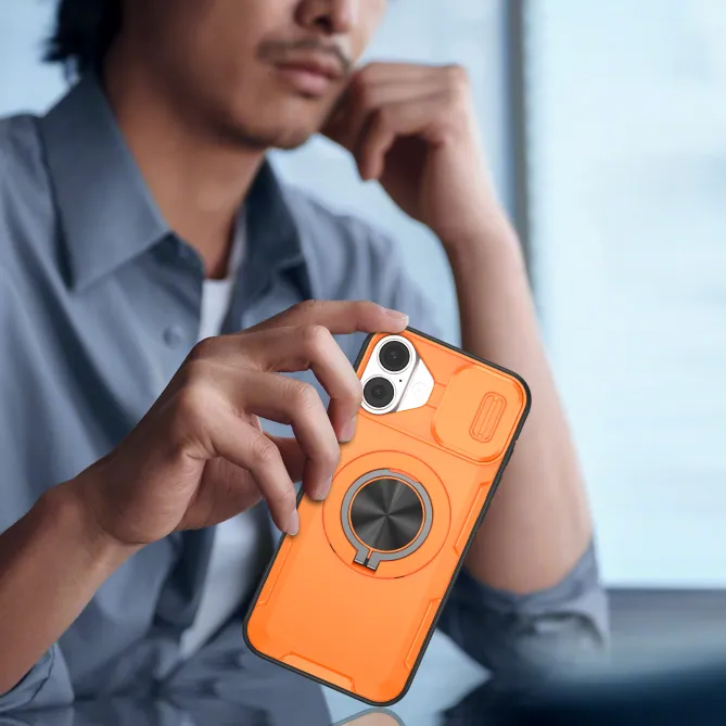Coque iPhone 16 Plus cache caméra coulissant anneau rotatif 360 magnétique