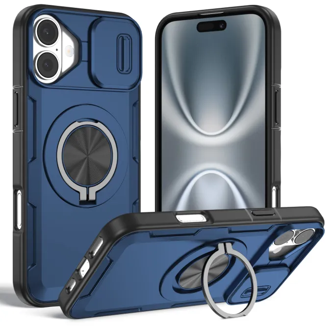 Coque iPhone 16 Plus cache caméra coulissant anneau rotatif 360 magnétique