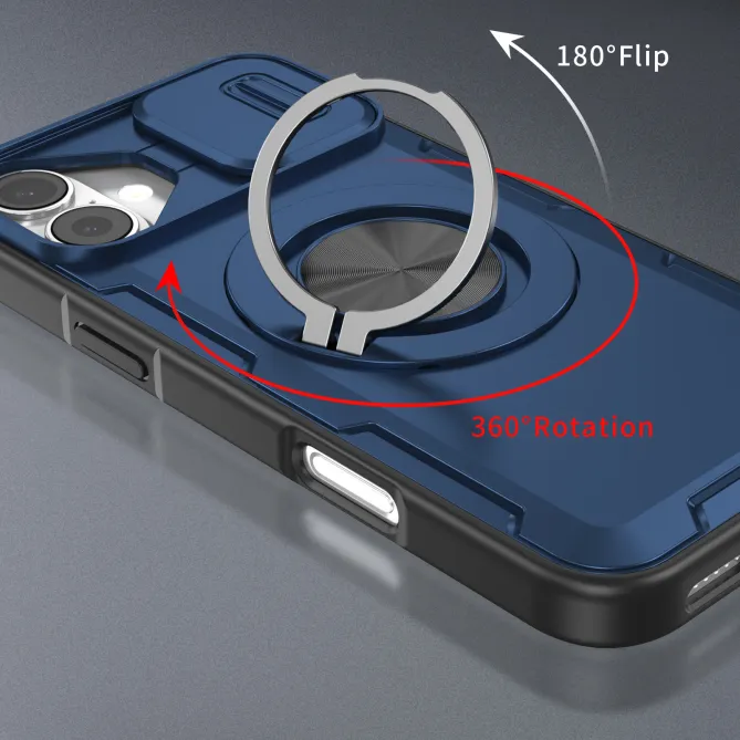 Coque iPhone 16 Plus cache caméra coulissant anneau rotatif 360 magnétique