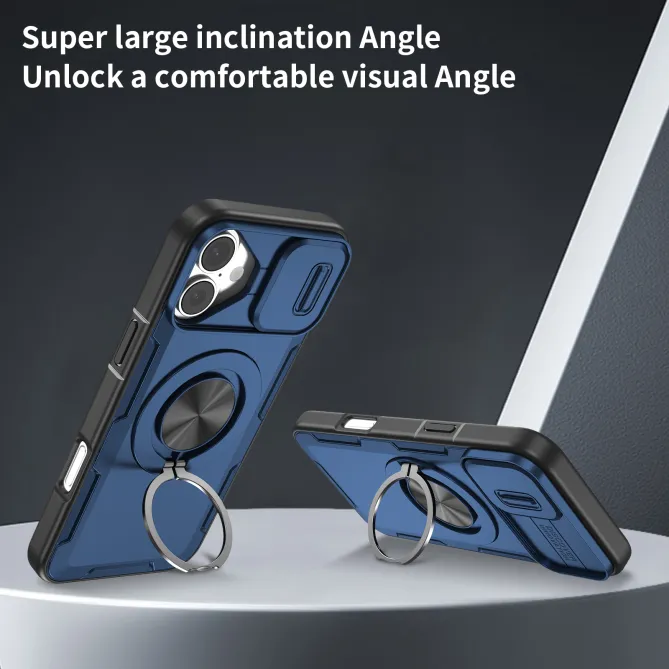 Coque iPhone 16 Plus cache caméra coulissant anneau rotatif 360 magnétique