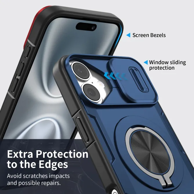 Coque iPhone 16 Plus cache caméra coulissant anneau rotatif 360 magnétique