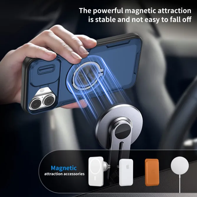 Coque iPhone 16 Plus cache caméra coulissant anneau rotatif 360 magnétique