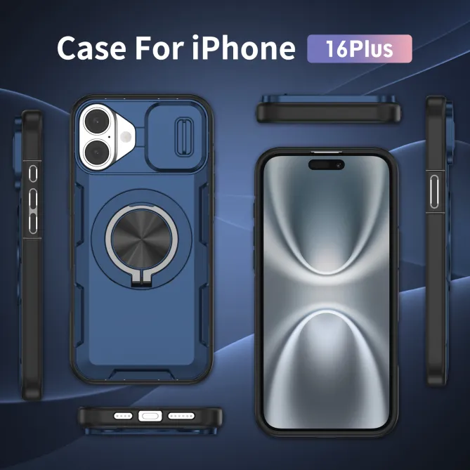 Coque iPhone 16 Plus cache caméra coulissant anneau rotatif 360 magnétique