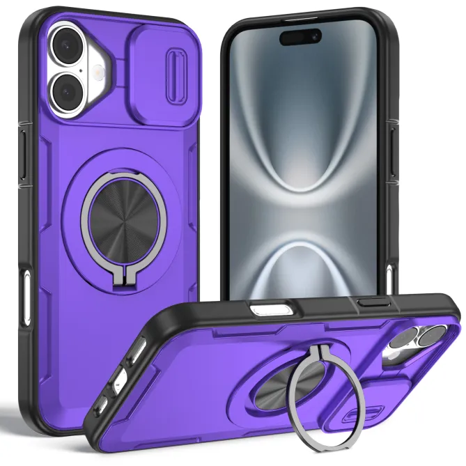 Coque iPhone 16 Plus cache caméra coulissant anneau rotatif 360 magnétique