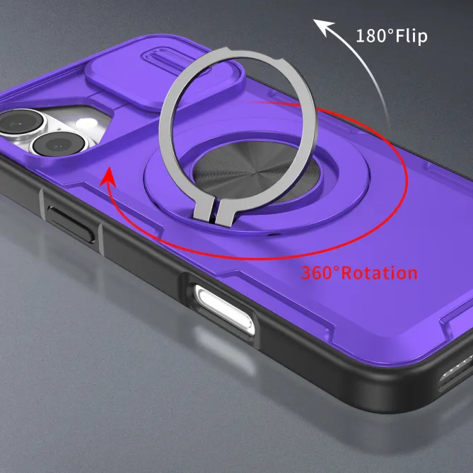 Coque iPhone 16 Plus cache caméra coulissant anneau rotatif 360 magnétique