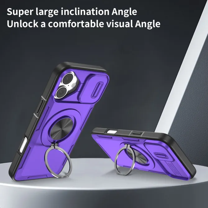 Coque iPhone 16 Plus cache caméra coulissant anneau rotatif 360 magnétique