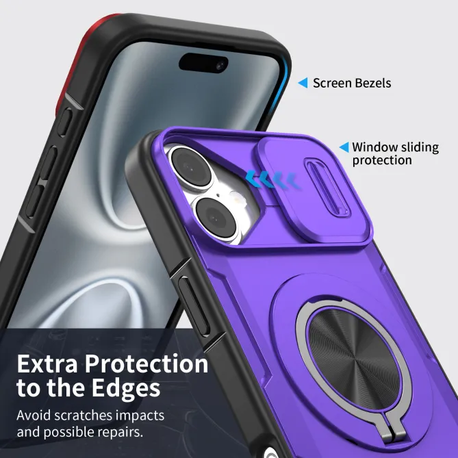 Coque iPhone 16 Plus cache caméra coulissant anneau rotatif 360 magnétique