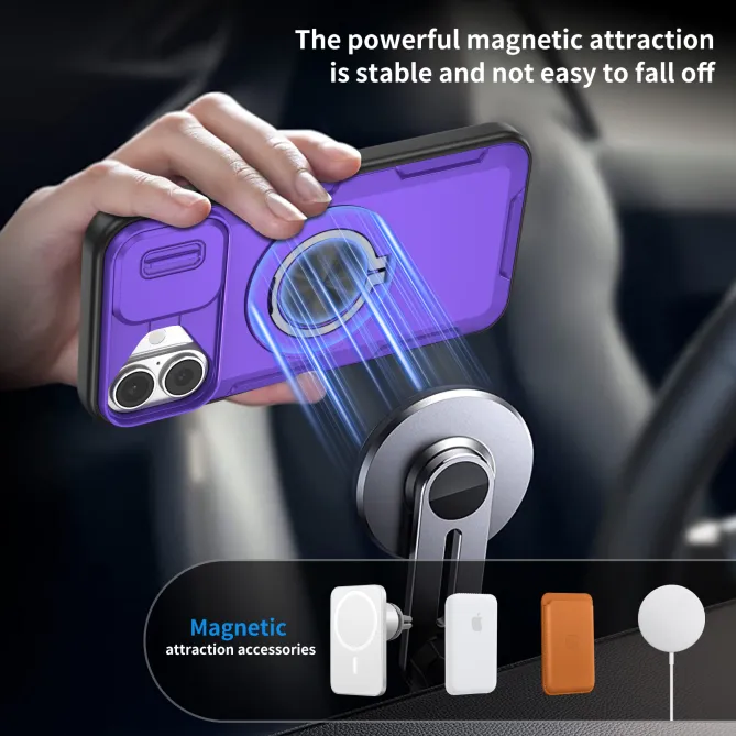 Coque iPhone 16 Plus cache caméra coulissant anneau rotatif 360 magnétique