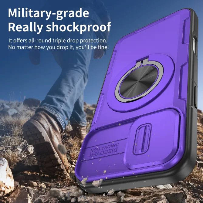 Coque iPhone 16 Plus cache caméra coulissant anneau rotatif 360 magnétique