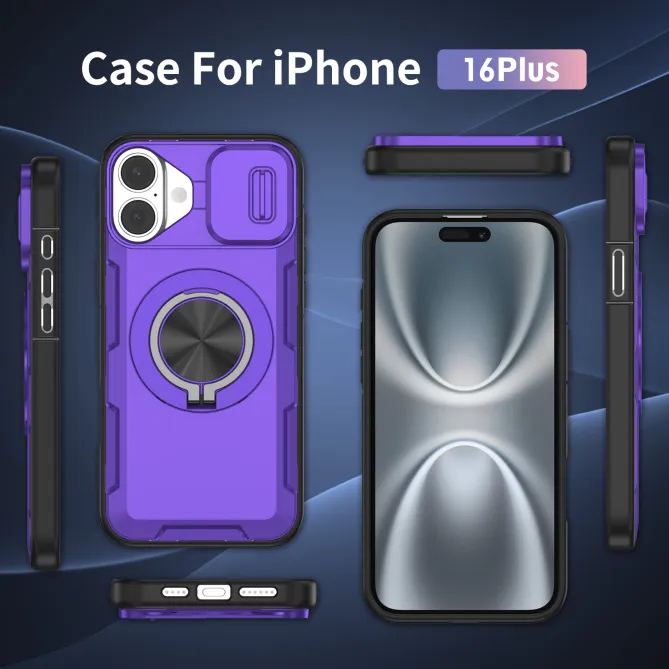 Coque iPhone 16 Plus cache caméra coulissant anneau rotatif 360 magnétique