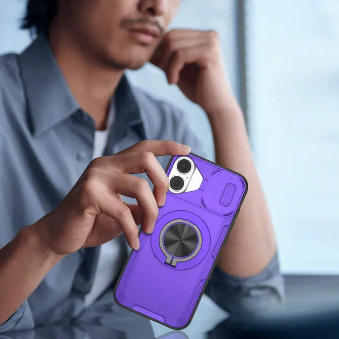 Coque iPhone 16 Plus cache caméra coulissant anneau rotatif 360 magnétique
