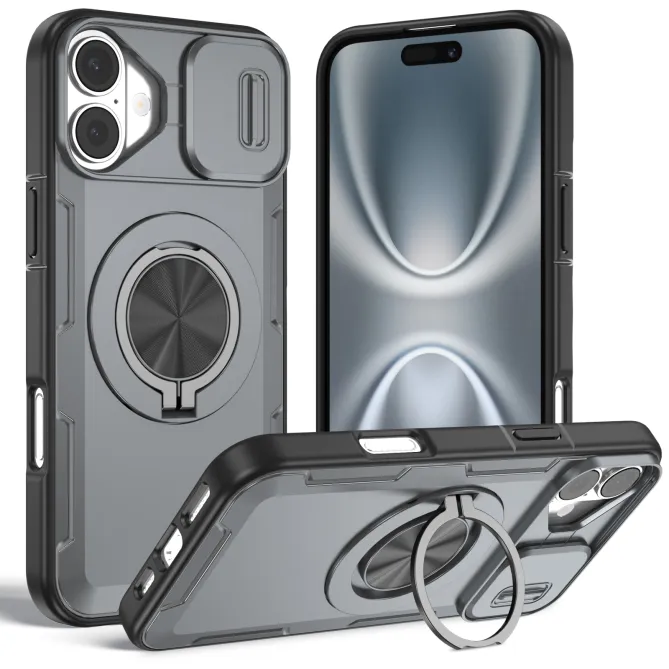 Coque iPhone 16 Plus cache caméra coulissant anneau rotatif 360 magnétique