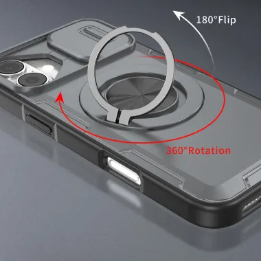 Coque iPhone 16 Plus cache caméra coulissant anneau rotatif 360 magnétique Gris Foncé - photo 42