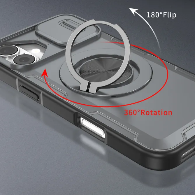 Coque iPhone 16 Plus cache caméra coulissant anneau rotatif 360 magnétique