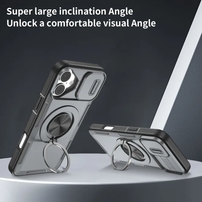 Coque iPhone 16 Plus cache caméra coulissant anneau rotatif 360 magnétique