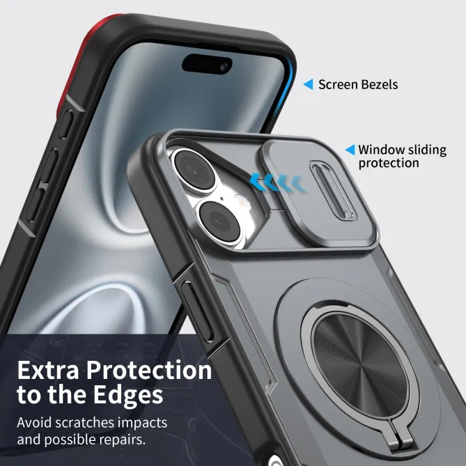 Coque iPhone 16 Plus cache caméra coulissant anneau rotatif 360 magnétique